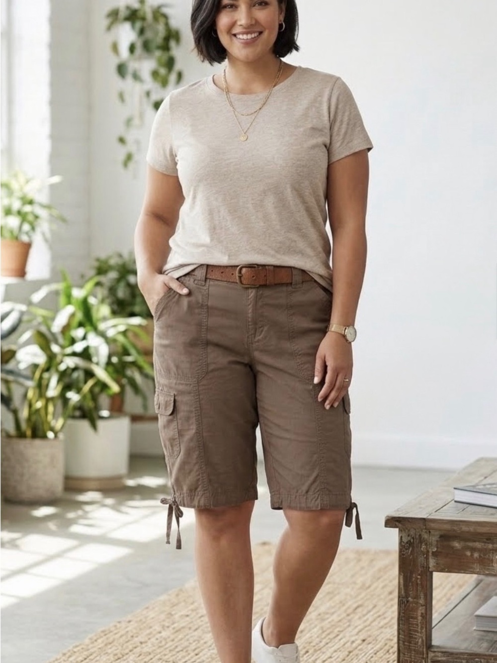 Women's Cargo Drawstring Bermuda Shorts in Brown